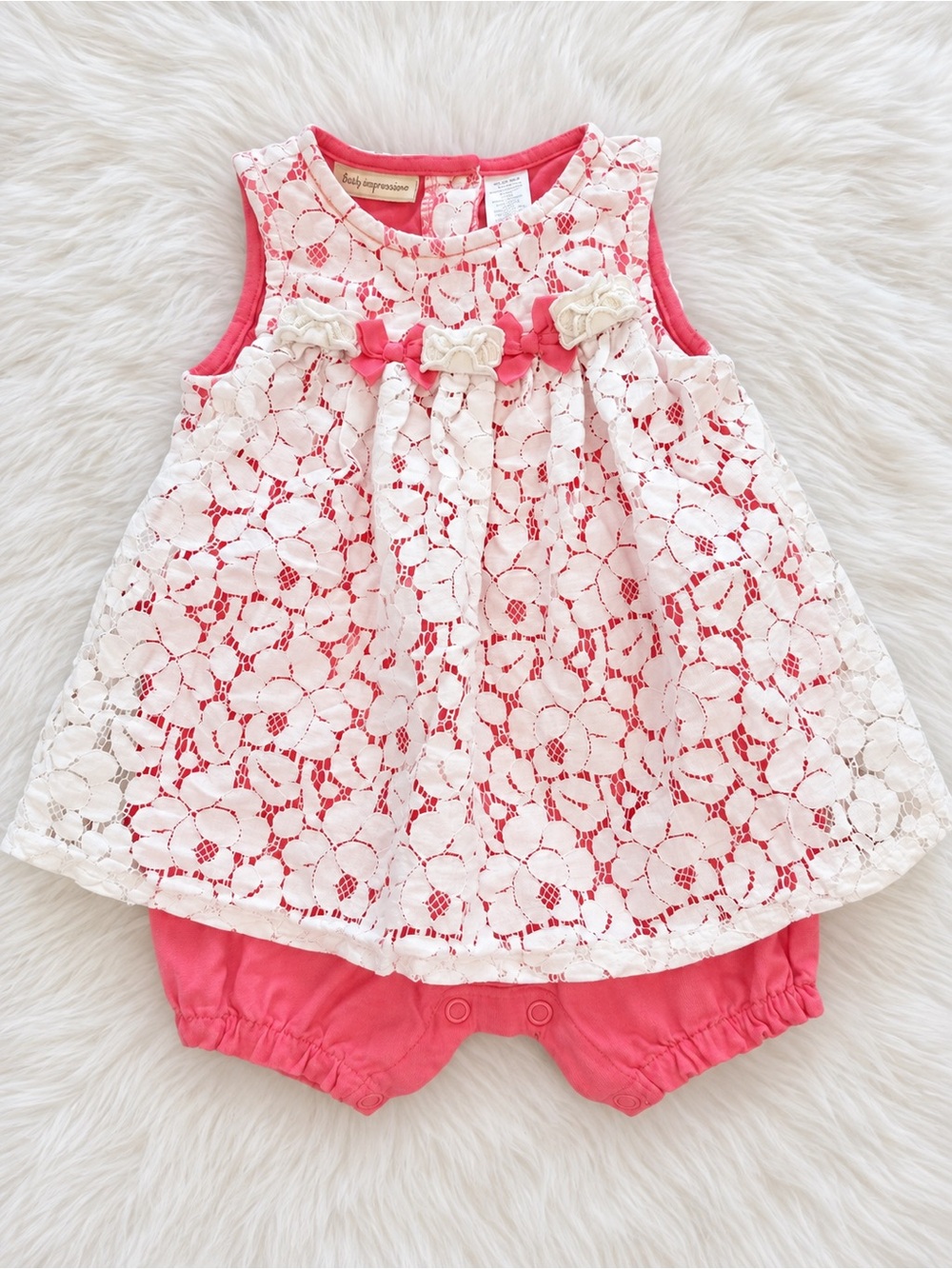 First Impressions Coral and White Lace Baby One-Piece